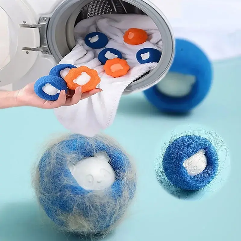 Dierenhaar Verwijderaar Bal | Wasmachine Filter Harenvanger | Recyclebaar | Huisdier Pluisvanger | Honden & Katten | Anti-klit Rond Ontwerp | Plastic en Spons | Wasaccessoire | Oranje Blauw