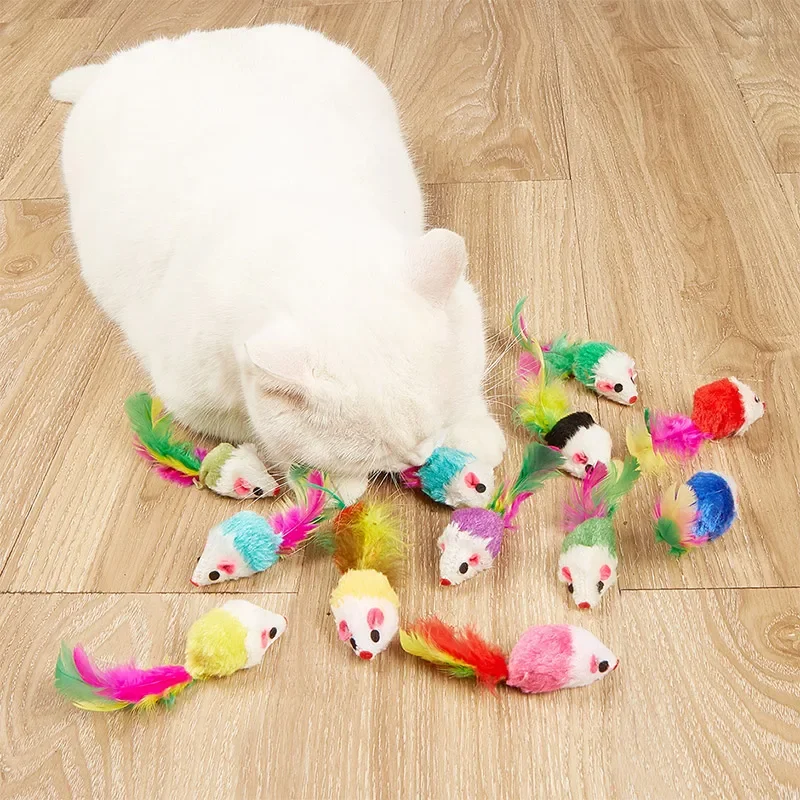 Fleece Pluche Katten Speelgoed | Interactieve Valse Muizen Met Veren | Kleurrijk Dier Vangt Het Oog | Veilig & Duurzaam | Training & Speelplezier | Set Van 10/20 Stuks | Voor Kittens & Katten - Image 2