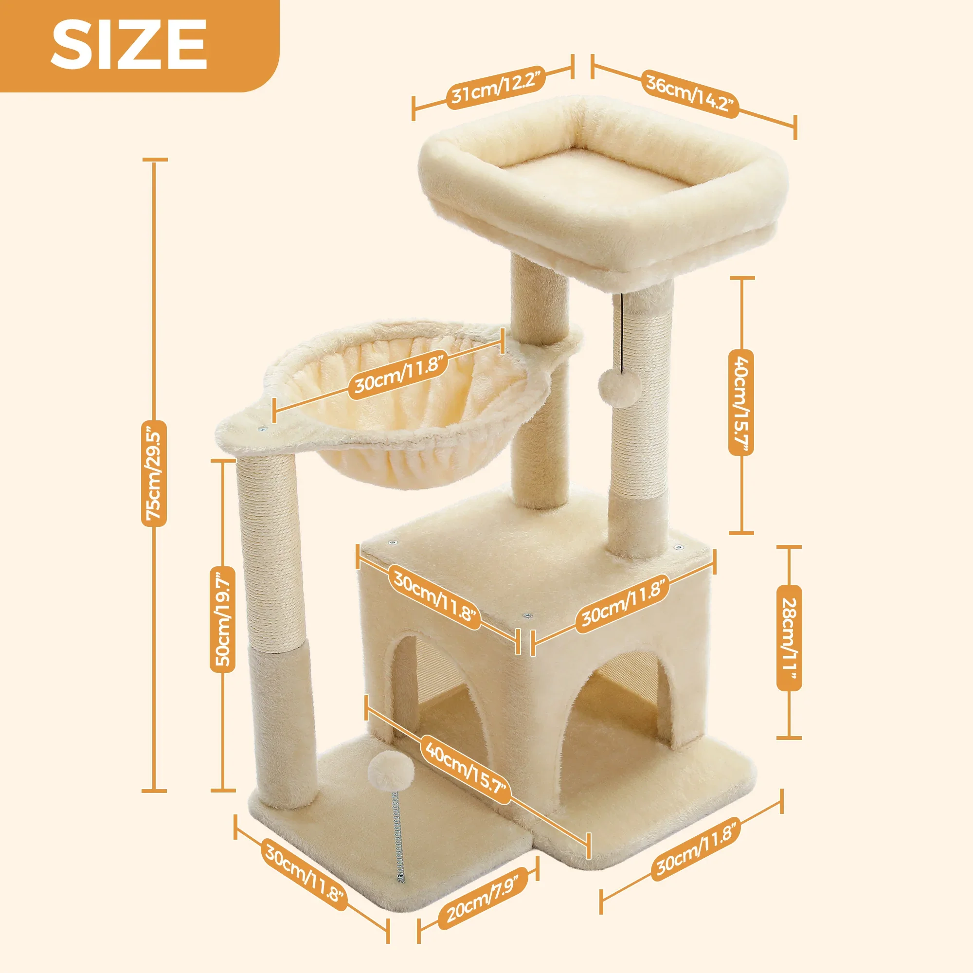 PEQULTI Kattentoren Grijs/Beige | Kleine Kattentoren voor Binnen | Sisal Krabpaal | Comfortabele Condo Hangmat | Drie lagen | Kattenkrabber | Kattenaccessoires | Kattenspeelgoed | Hout | 2-in-1 Design - Image 10