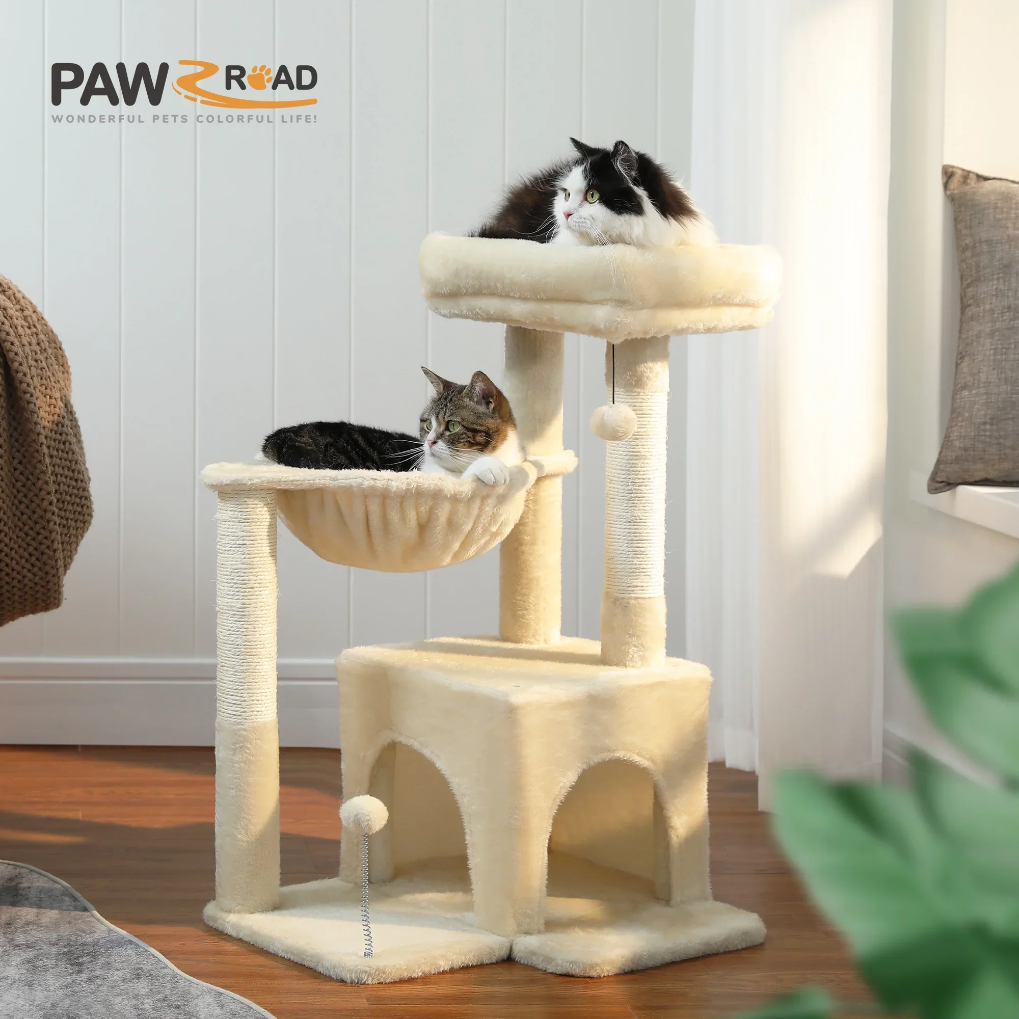 PEQULTI Kattentoren Grijs/Beige | Kleine Kattentoren voor Binnen | Sisal Krabpaal | Comfortabele Condo Hangmat | Drie lagen | Kattenkrabber | Kattenaccessoires | Kattenspeelgoed | Hout | 2-in-1 Design - Image 3