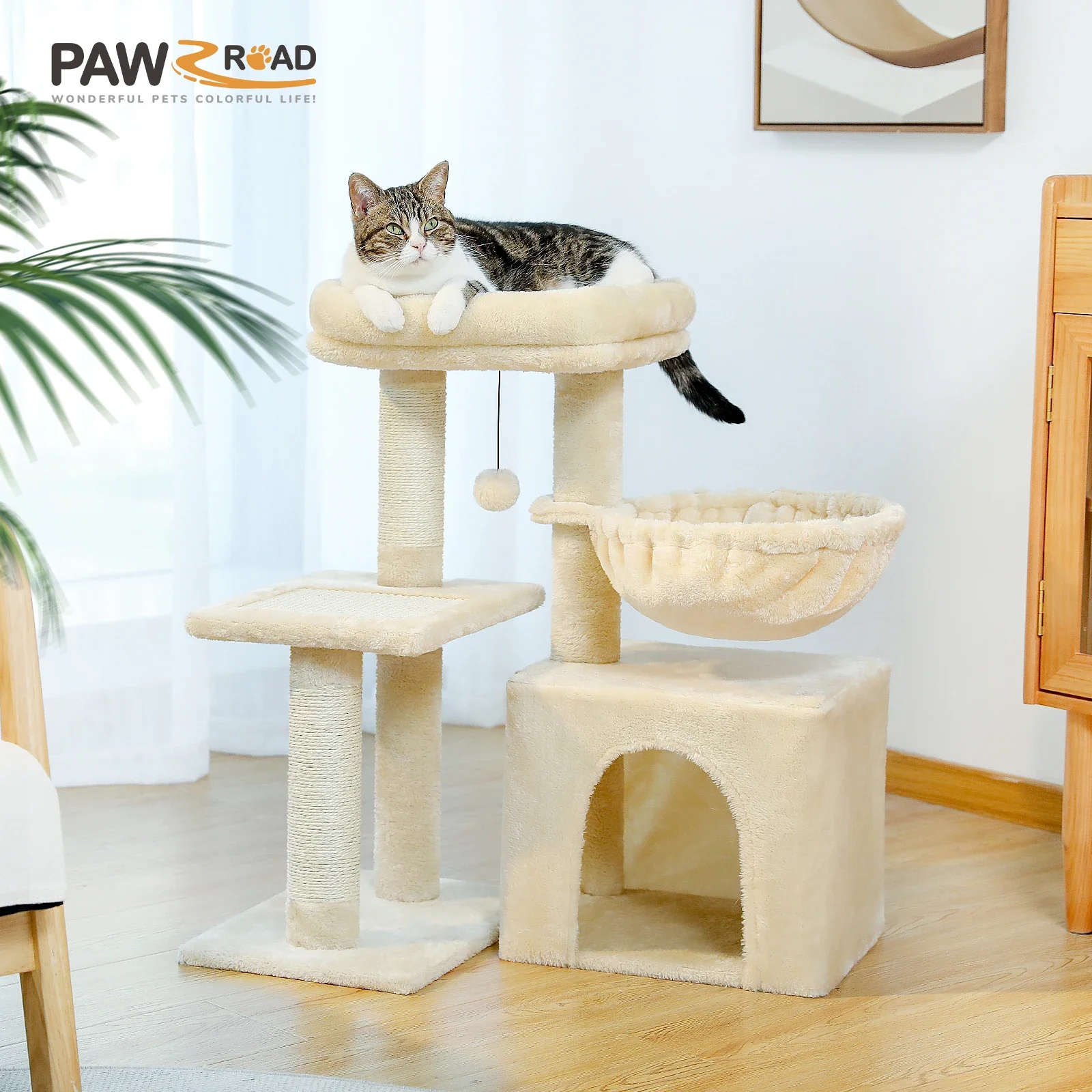 PEQULTI Kattentoren Grijs/Beige | Kleine Kattentoren voor Binnen | Sisal Krabpaal | Comfortabele Condo Hangmat | Drie lagen | Kattenkrabber | Kattenaccessoires | Kattenspeelgoed | Hout | 2-in-1 Design - Image 4
