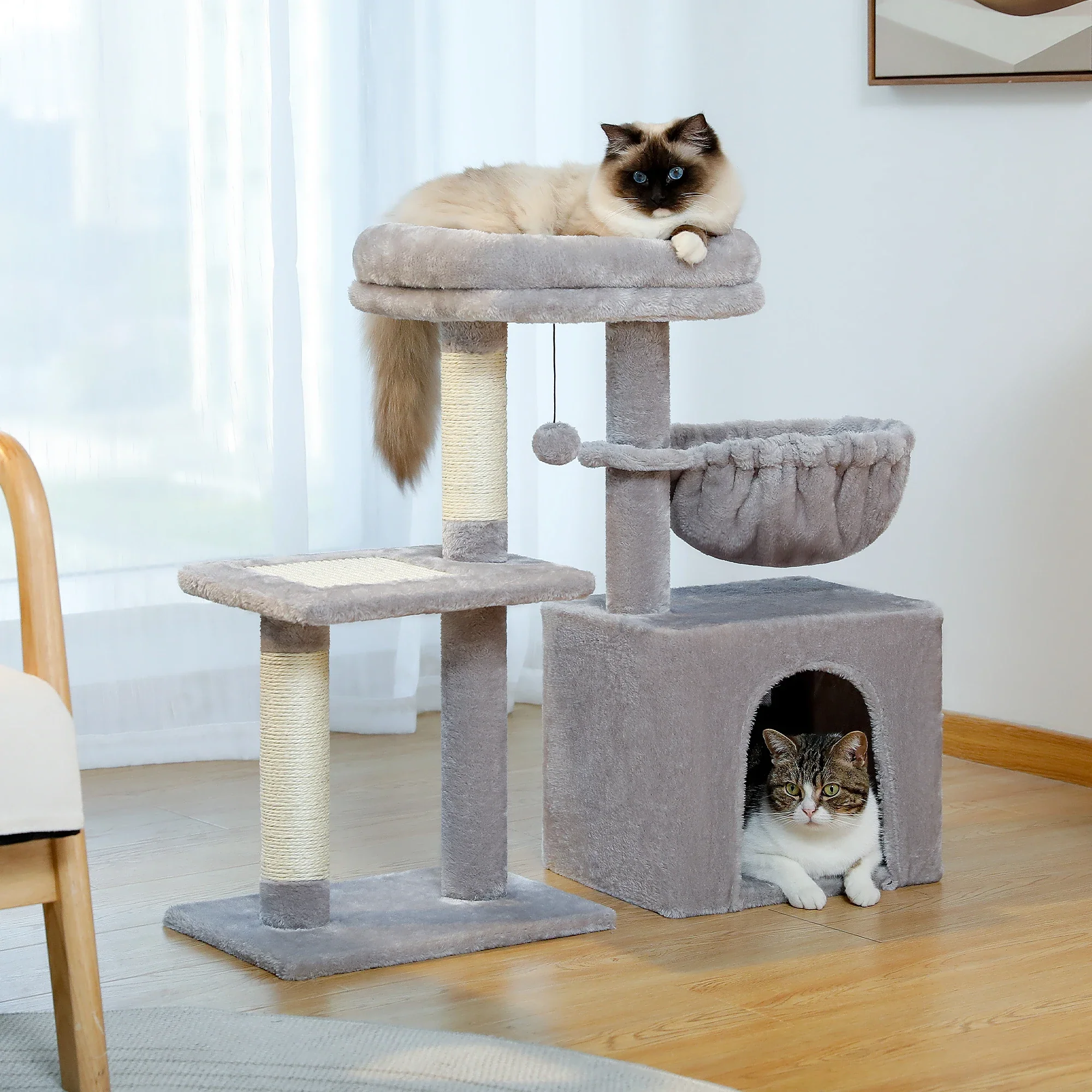 PEQULTI Kattentoren Grijs/Beige | Kleine Kattentoren voor Binnen | Sisal Krabpaal | Comfortabele Condo Hangmat | Drie lagen | Kattenkrabber | Kattenaccessoires | Kattenspeelgoed | Hout | 2-in-1 Design - Image 5