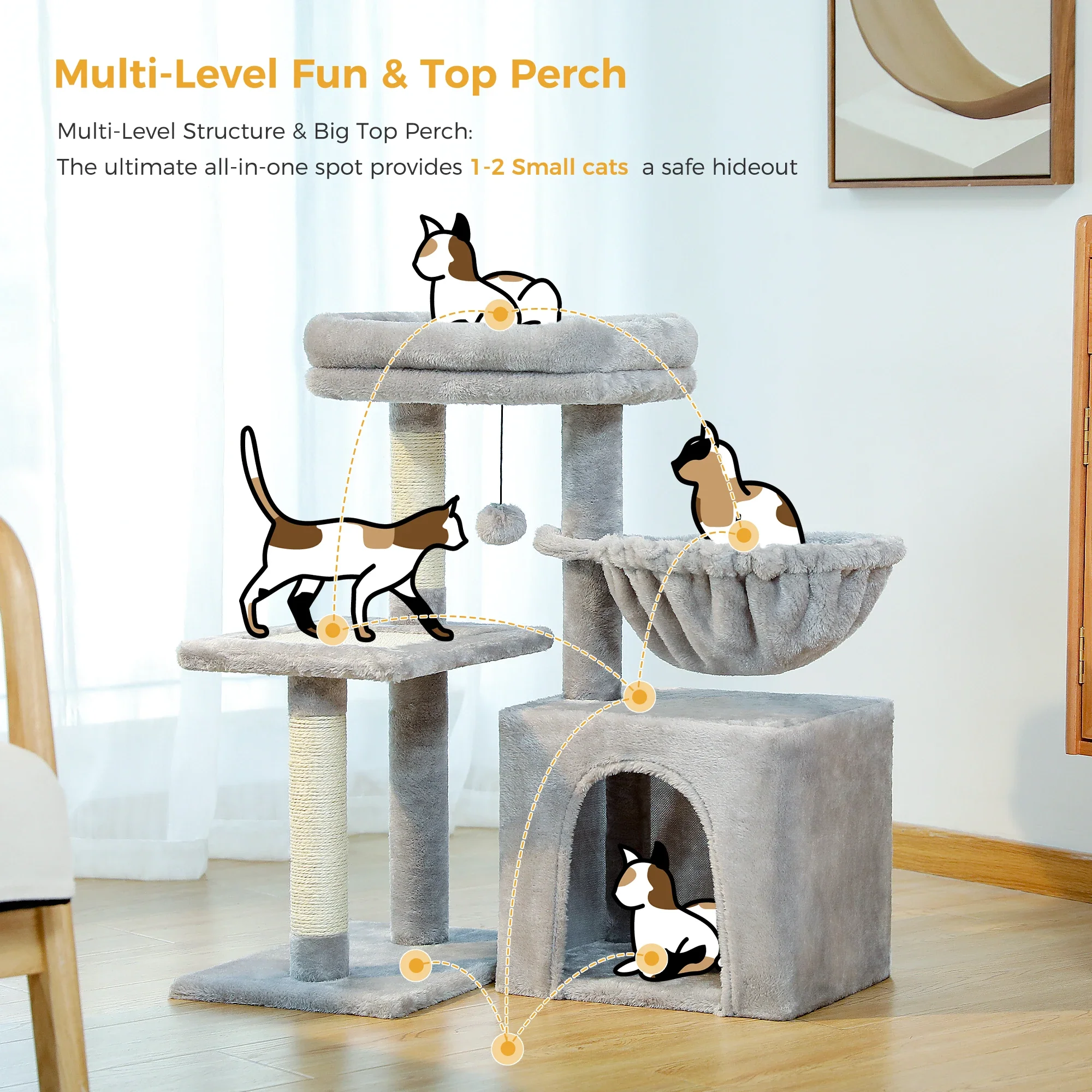 PEQULTI Kattentoren Grijs/Beige | Kleine Kattentoren voor Binnen | Sisal Krabpaal | Comfortabele Condo Hangmat | Drie lagen | Kattenkrabber | Kattenaccessoires | Kattenspeelgoed | Hout | 2-in-1 Design - Image 6