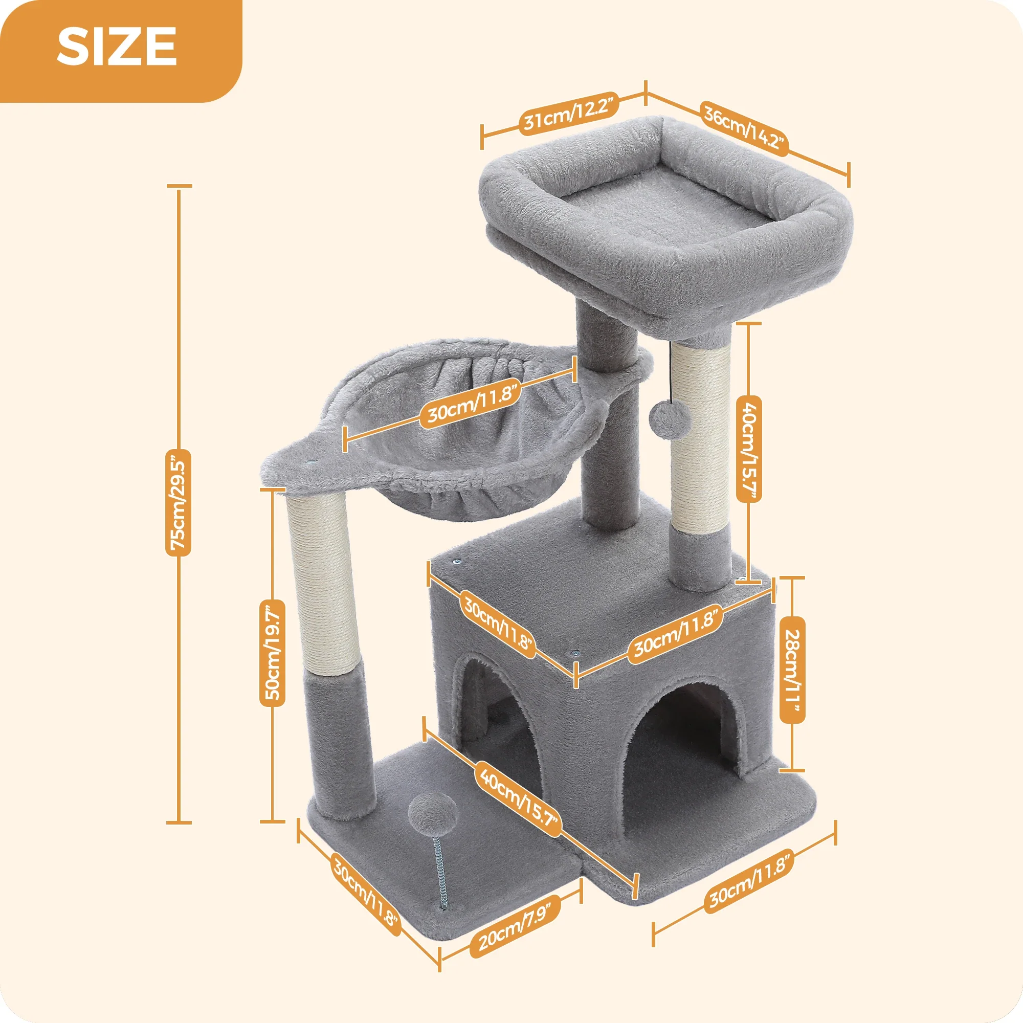 PEQULTI Kattentoren Grijs/Beige | Kleine Kattentoren voor Binnen | Sisal Krabpaal | Comfortabele Condo Hangmat | Drie lagen | Kattenkrabber | Kattenaccessoires | Kattenspeelgoed | Hout | 2-in-1 Design - Image 7