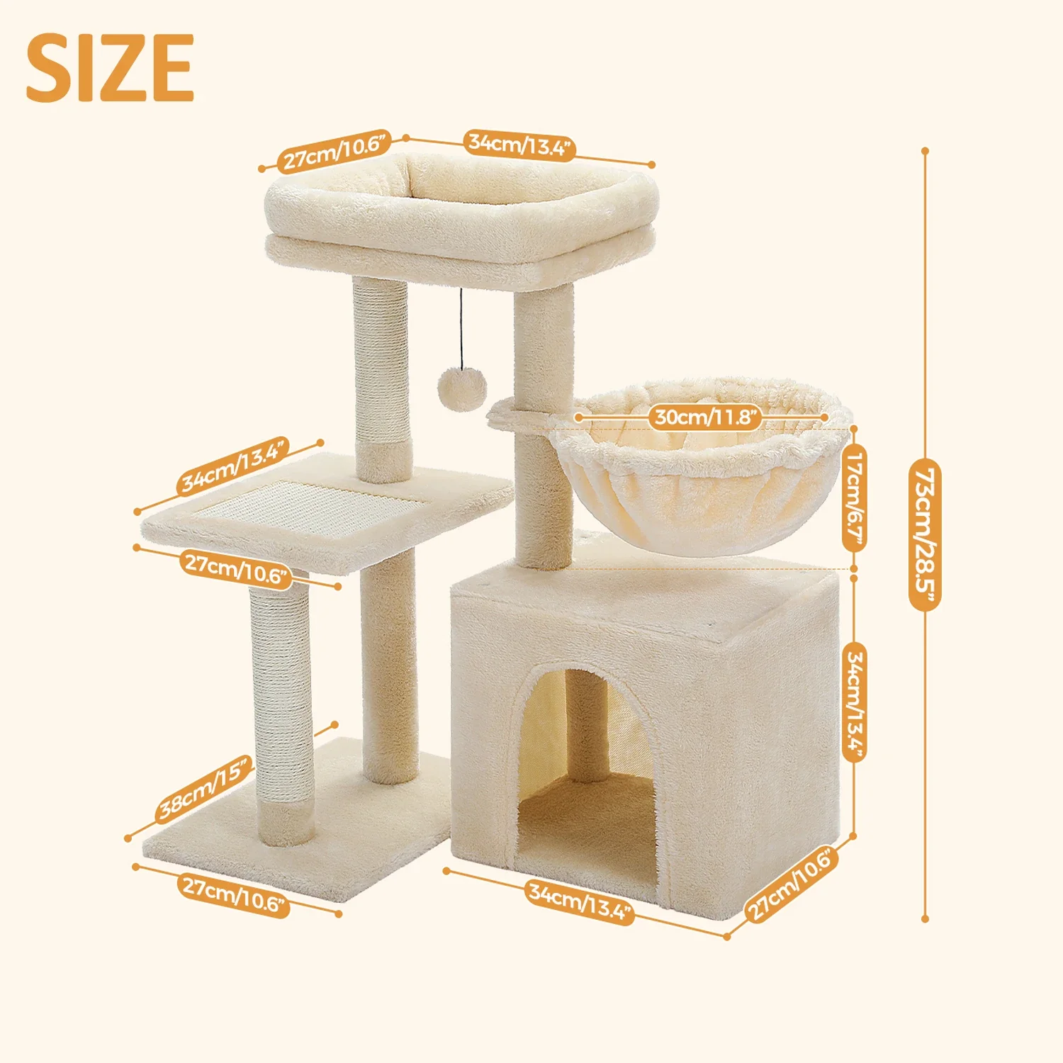 PEQULTI Kattentoren Grijs/Beige | Kleine Kattentoren voor Binnen | Sisal Krabpaal | Comfortabele Condo Hangmat | Drie lagen | Kattenkrabber | Kattenaccessoires | Kattenspeelgoed | Hout | 2-in-1 Design - Image 8