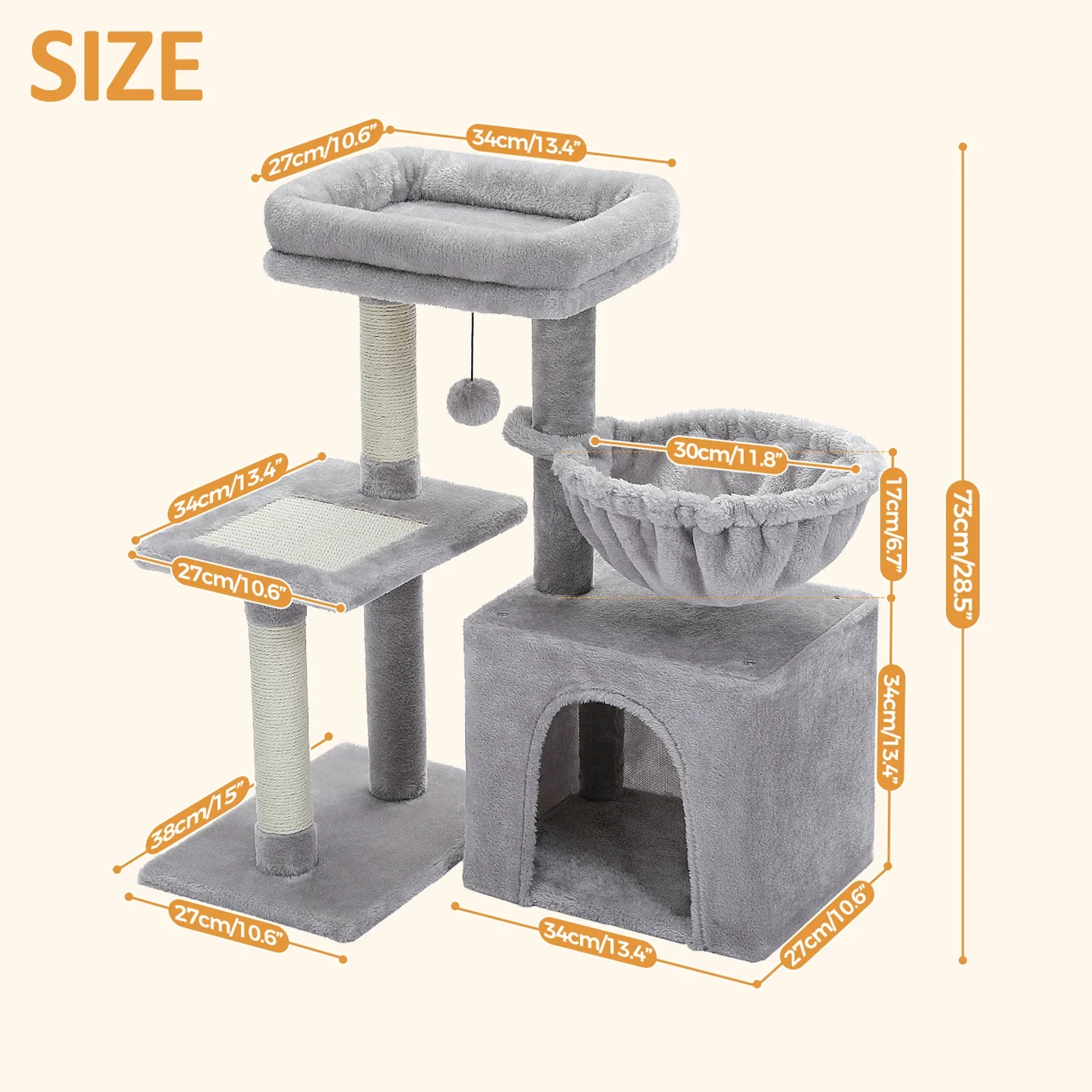 PEQULTI Kattentoren Grijs/Beige | Kleine Kattentoren voor Binnen | Sisal Krabpaal | Comfortabele Condo Hangmat | Drie lagen | Kattenkrabber | Kattenaccessoires | Kattenspeelgoed | Hout | 2-in-1 Design - Image 9