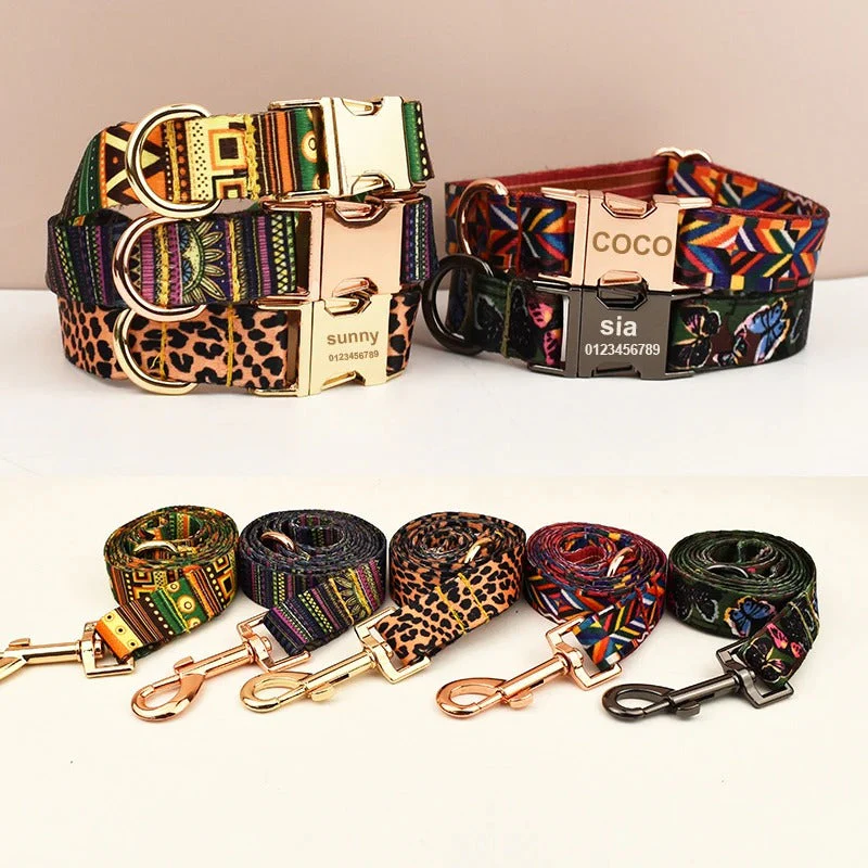 Gepersonaliseerde katoenen set met gegraveerd identificatie-label | Verstelbare halsband en bijpassende lijn voor stijlvolle veilige wandelingen | Maten S-XL