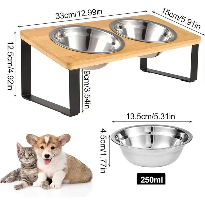 DinePaws Dubbele Voerbakken voor Katten en Kleine Honden | RVS Kommen met Houten en Bamboe Voet | Ergonomisch en Makkelijk Schoon te Maken - Image 3