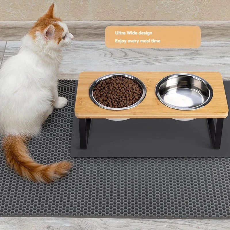 DinePaws Dubbele Voerbakken voor Katten en Kleine Honden | RVS Kommen met Houten en Bamboe Voet | Ergonomisch en Makkelijk Schoon te Maken - Image 5