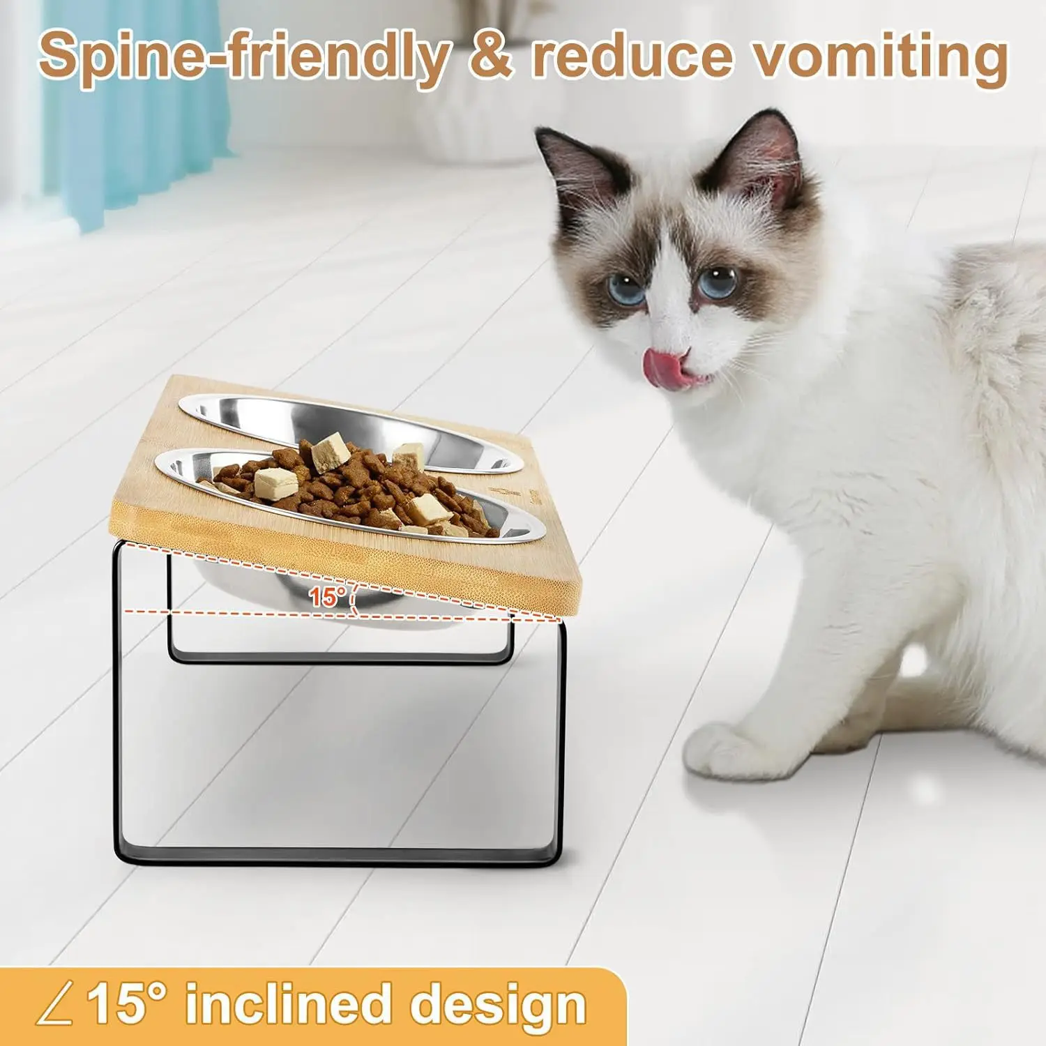 DinePaws Dubbele Voerbakken voor Katten en Kleine Honden | RVS Kommen met Houten en Bamboe Voet | Ergonomisch en Makkelijk Schoon te Maken - Image 6