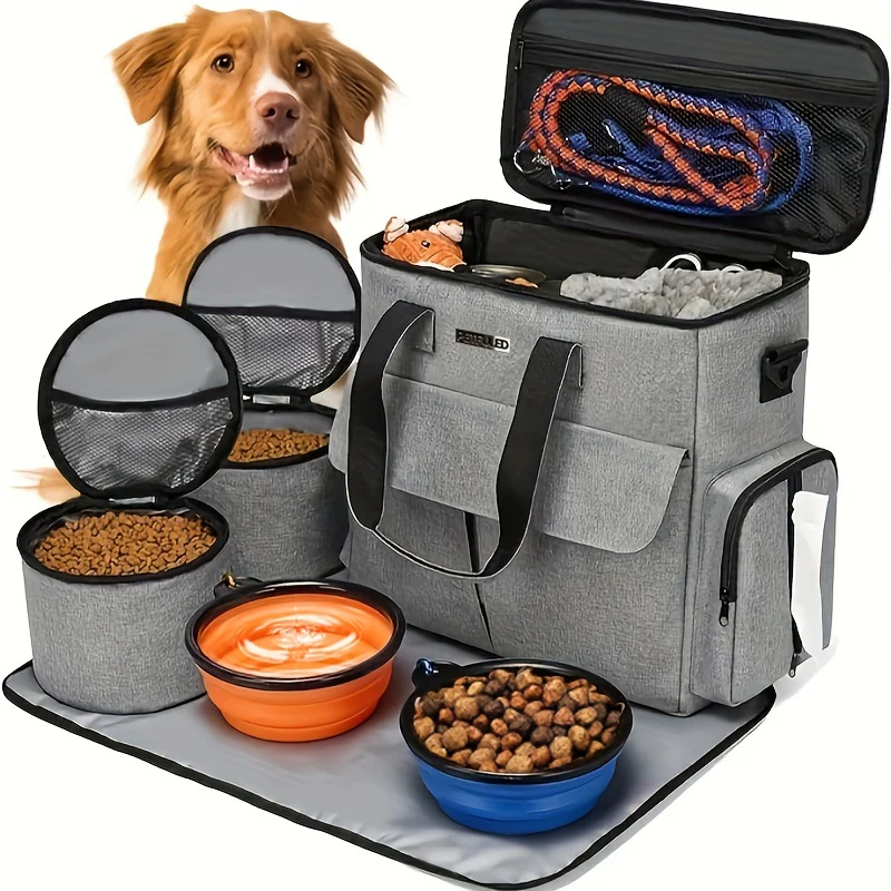 FULED Reistas Huisdieren | Hond Kat Reis Set | Polyester | Met Zakken Voerbakken | 2 Voedercontainers Opvouwbare Schalen | Luchtvaart Goedkeuring Grijs