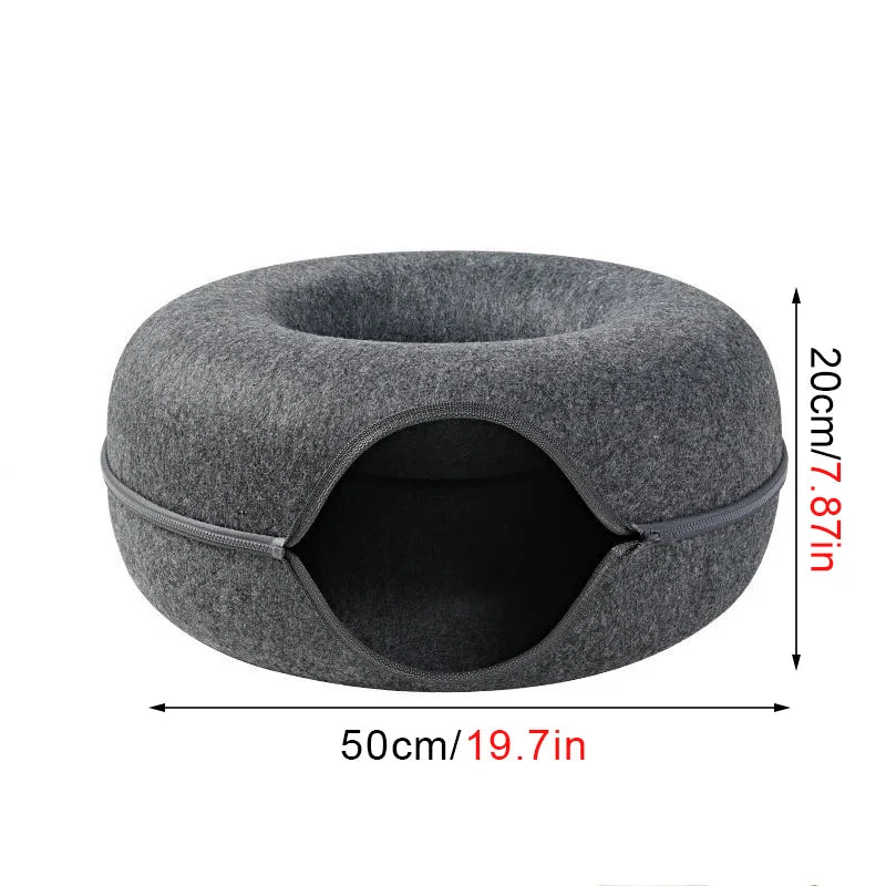Donut- en Tunnelbed combinatie voor katten | Comfortabel en speels ontwerp in meerkleurig wolvilt | Opvouwbaar en ideaal voor kleine huisdieren