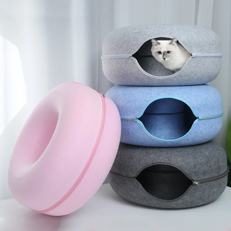 Donut- en Tunnelbed combinatie voor katten | Comfortabel en speels ontwerp in meerkleurig wolvilt | Opvouwbaar en ideaal voor kleine huisdieren - Image 2