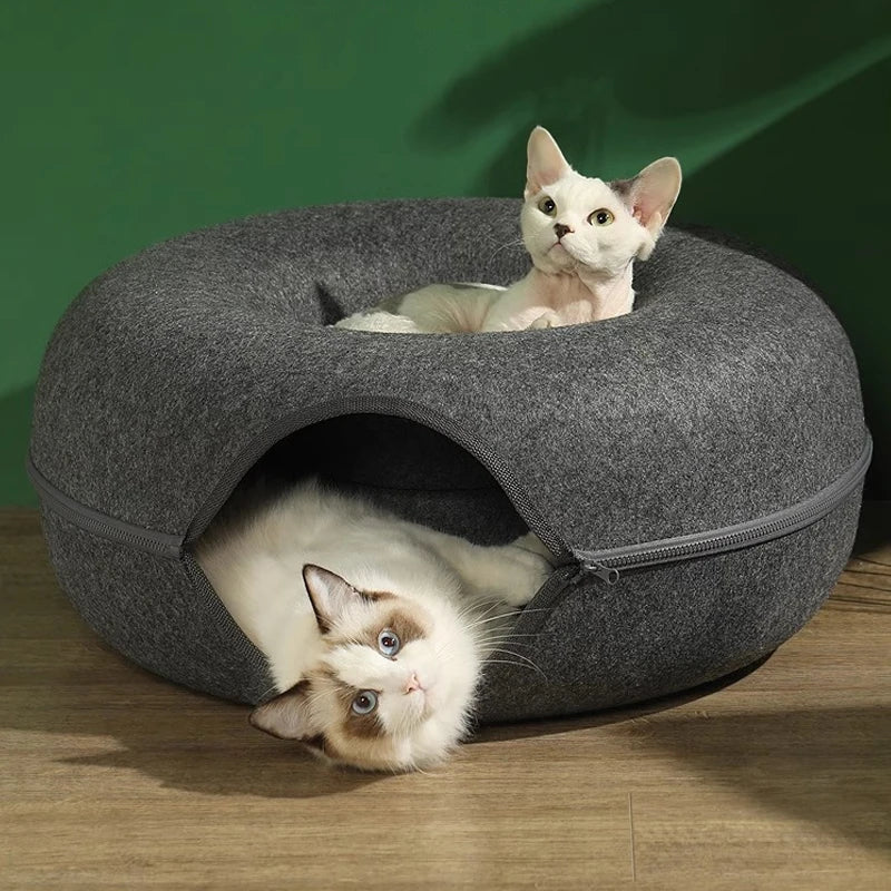 Donut- en Tunnelbed combinatie voor katten | Comfortabel en speels ontwerp in meerkleurig wolvilt | Opvouwbaar en ideaal voor kleine huisdieren - Image 3