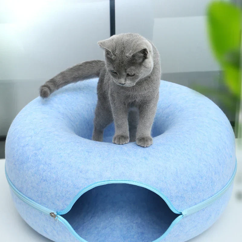 Donut- en Tunnelbed combinatie voor katten | Comfortabel en speels ontwerp in meerkleurig wolvilt | Opvouwbaar en ideaal voor kleine huisdieren - Image 5
