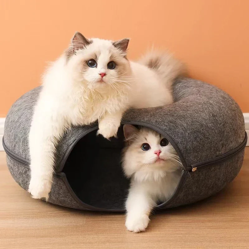 Donut- en Tunnelbed combinatie voor katten | Comfortabel en speels ontwerp in meerkleurig wolvilt | Opvouwbaar en ideaal voor kleine huisdieren - Image 6