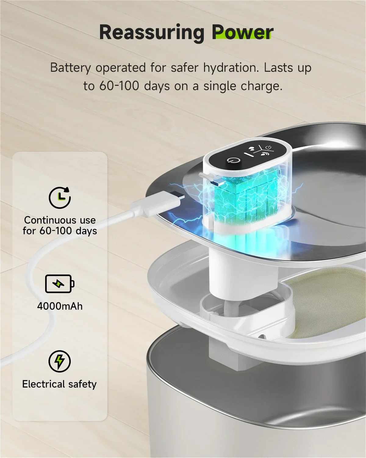 Draadloze Drinkoplossing voor Honden en Katten | 4L Capaciteit | RVS, USB-C Oplaadbaar, met Waterlevel Indicator | Inclusief Reinigingskit - Image 4