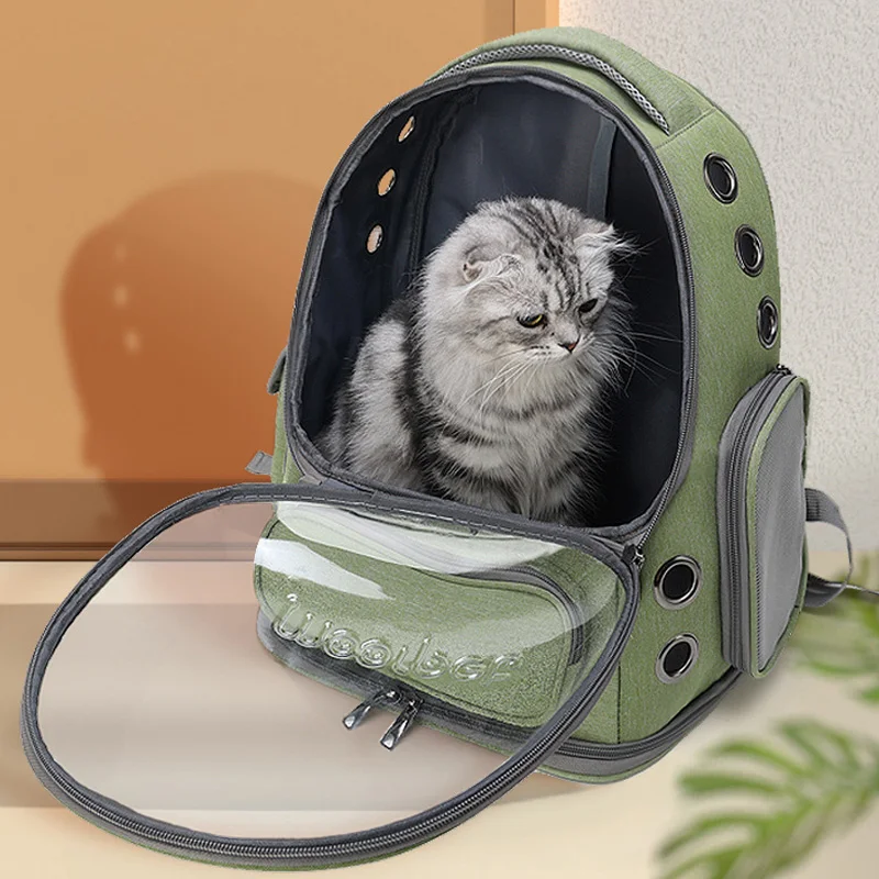 Ademende Reistas voor Huisdieren | Transparant Kijkvenster | Voor Katten en Kleine Honden | Vuil- en Waterafstotend Oxford-Materiaal | 42x27x34 cm | Verkrijgbaar in Groen, Kaki, Grijs - Image 4