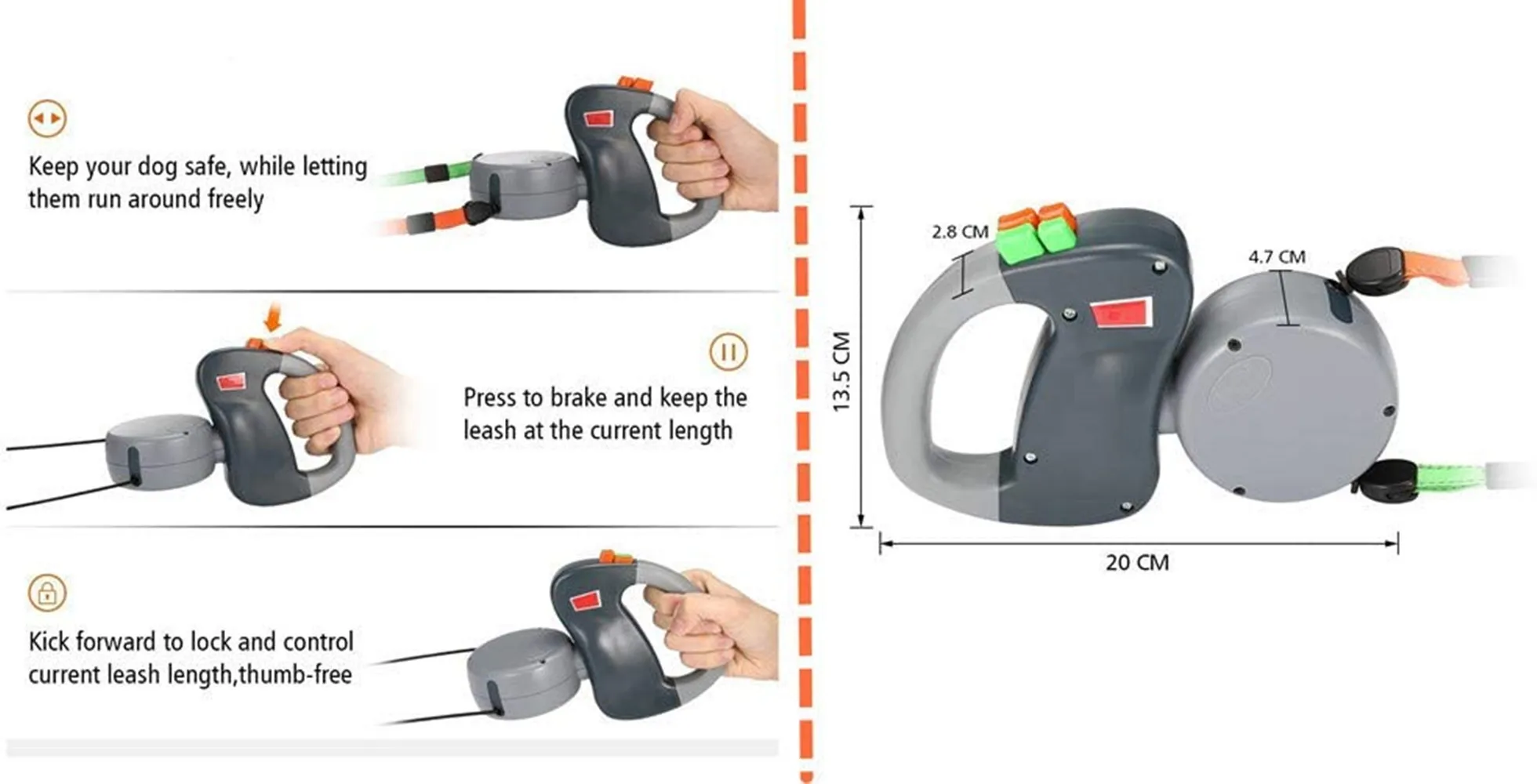 Dubbele Hondenriem voor Twee Honden | 3m Reflecterende Lijn | Ergonomisch Handvat | Veilige Bediening met Kleurenknoppen - Image 5