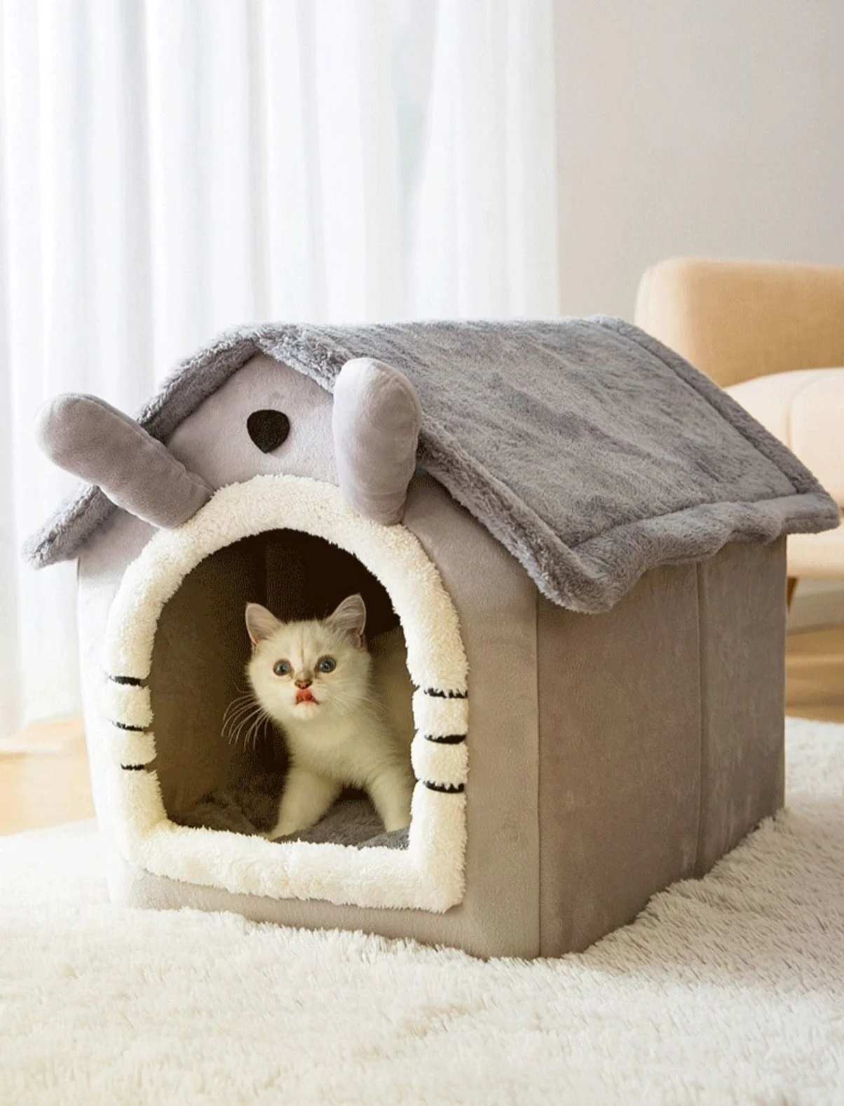 Fluffy Knus Huisje voor Huisdieren | Comfortabel Warm Nest voor Katten en Honden tot 4kg | Anti-slip Bodem | Afneembare Wasbare Hoes | Zachte Stof | Diverse Kleuren - Image 9