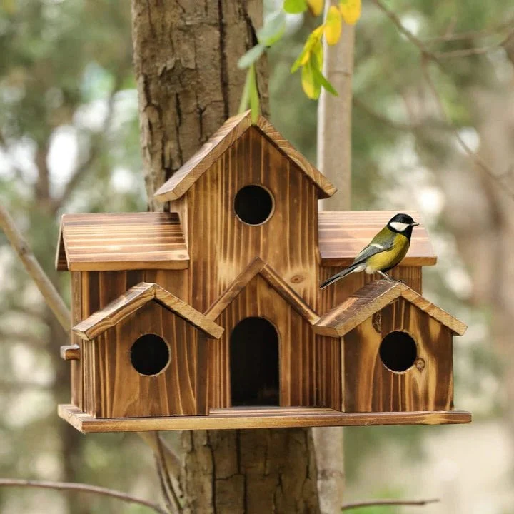 Hout Vogelhuisje | Handgemaakt | 6 Nestkamers | Rustieke Buitenhuisjes | Weerbestendig & Duurzaam | Voor Kleine Tuinvogels | Voor Muur of Paal | Natuurlijke Constructie | Perfect voor Tuin of Balkon