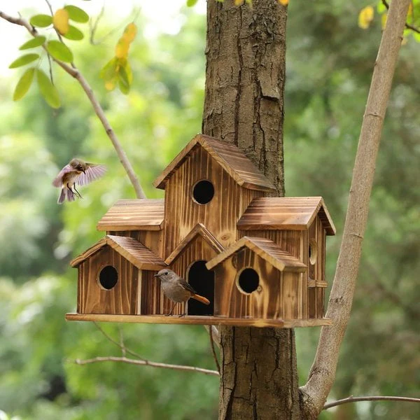 Hout Vogelhuisje | Handgemaakt | 6 Nestkamers | Rustieke Buitenhuisjes | Weerbestendig & Duurzaam | Voor Kleine Tuinvogels | Voor Muur of Paal | Natuurlijke Constructie | Perfect voor Tuin of Balkon - Image 3