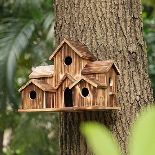 Hout Vogelhuisje | Handgemaakt | 6 Nestkamers | Rustieke Buitenhuisjes | Weerbestendig & Duurzaam | Voor Kleine Tuinvogels | Voor Muur of Paal | Natuurlijke Constructie | Perfect voor Tuin of Balkon - Image 4