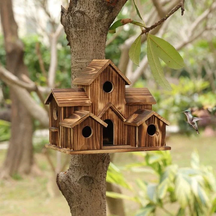 Hout Vogelhuisje | Handgemaakt | 6 Nestkamers | Rustieke Buitenhuisjes | Weerbestendig & Duurzaam | Voor Kleine Tuinvogels | Voor Muur of Paal | Natuurlijke Constructie | Perfect voor Tuin of Balkon - Image 6