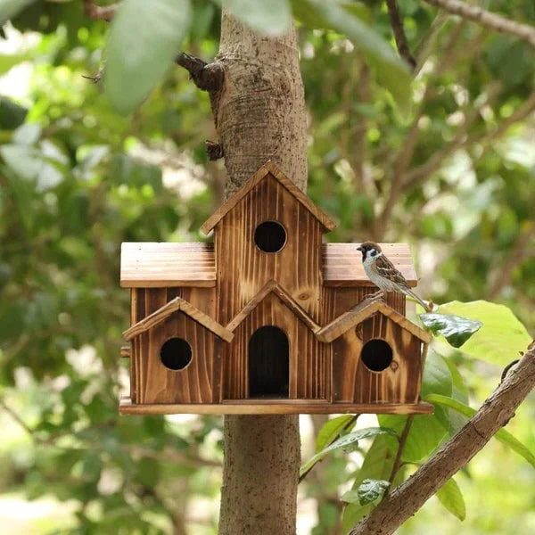 Hout Vogelhuisje | Handgemaakt | 6 Nestkamers | Rustieke Buitenhuisjes | Weerbestendig & Duurzaam | Voor Kleine Tuinvogels | Voor Muur of Paal | Natuurlijke Constructie | Perfect voor Tuin of Balkon - Image 8