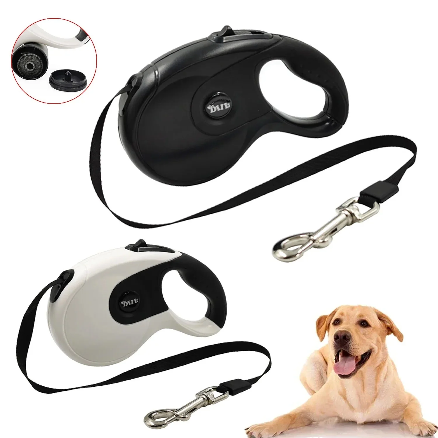 Intrekbare Riem voor Honden | 8 Meter | Met Vergrendelingsmechanisme | Poepzakjesdispenser Ingebouwd | Comfortabele Handgreep | Geschikt voor Kleine en Grote Honden | Zwart of Wit