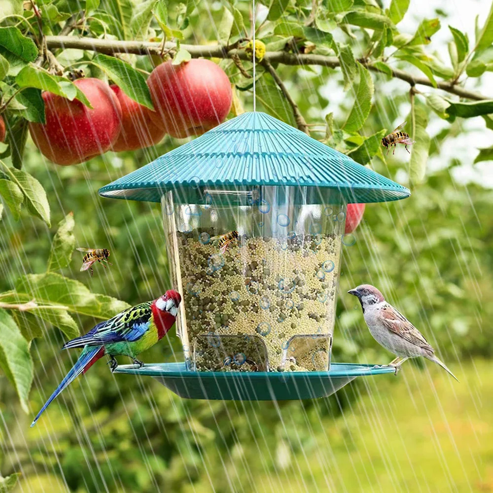 Voederstation vogels tuin | Roestvrij kunststof | Automatische zaden verdeler | Uniek zeshoekig ontwerp | Geschikt voor tuin balkons | Weerbestendig en eenvoudig te installeren | Grote capaciteit voor zaden