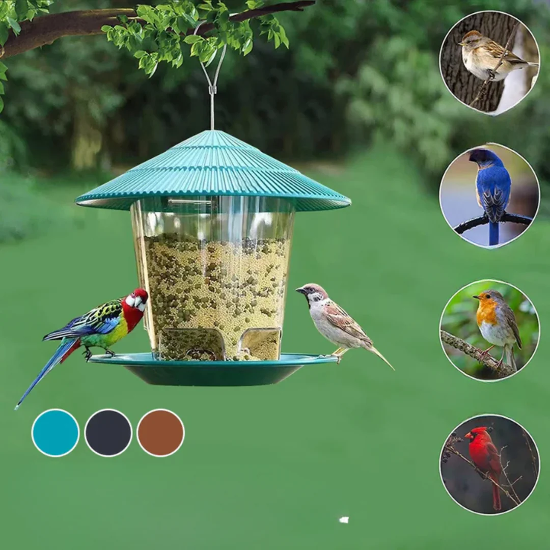 Voederstation vogels tuin | Roestvrij kunststof | Automatische zaden verdeler | Uniek zeshoekig ontwerp | Geschikt voor tuin balkons | Weerbestendig en eenvoudig te installeren | Grote capaciteit voor zaden - Image 3