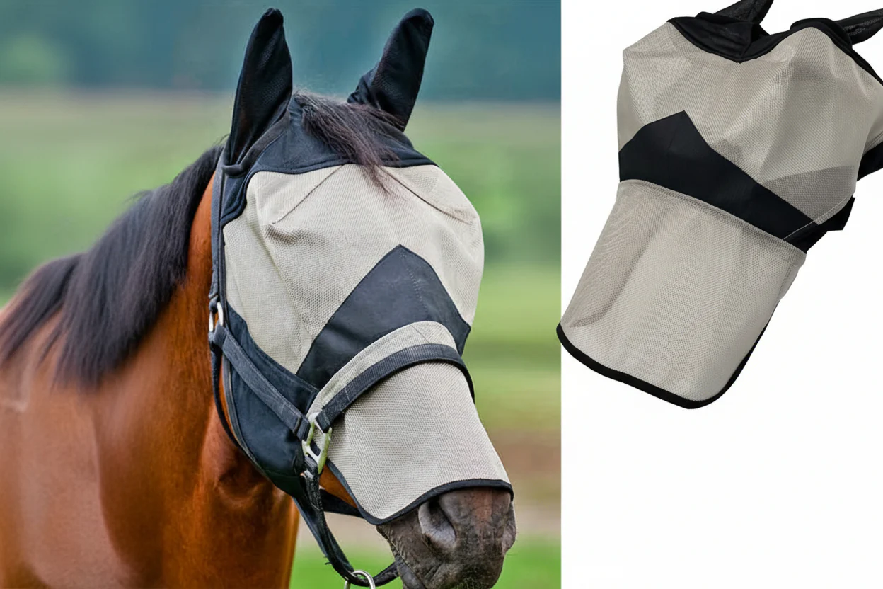 Paardenmasker Vliegenbescherming | Lange Neus Vliegenmasker | Teslin Stof | Equestrian Neusbedekking