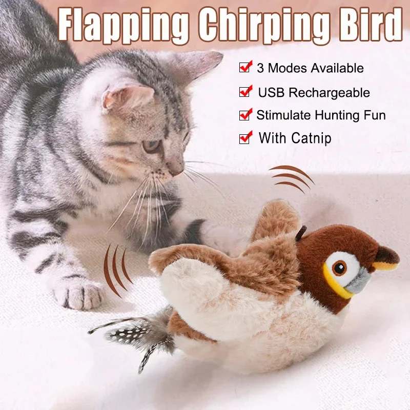 Interactieve Piepende Vogel Speelgoed | Kattenkruid | Oplaadbaar via USB | Fladderend Pluche | Aanraak Geactiveerd | Huisdierenplezier | Guangdong - Image 2