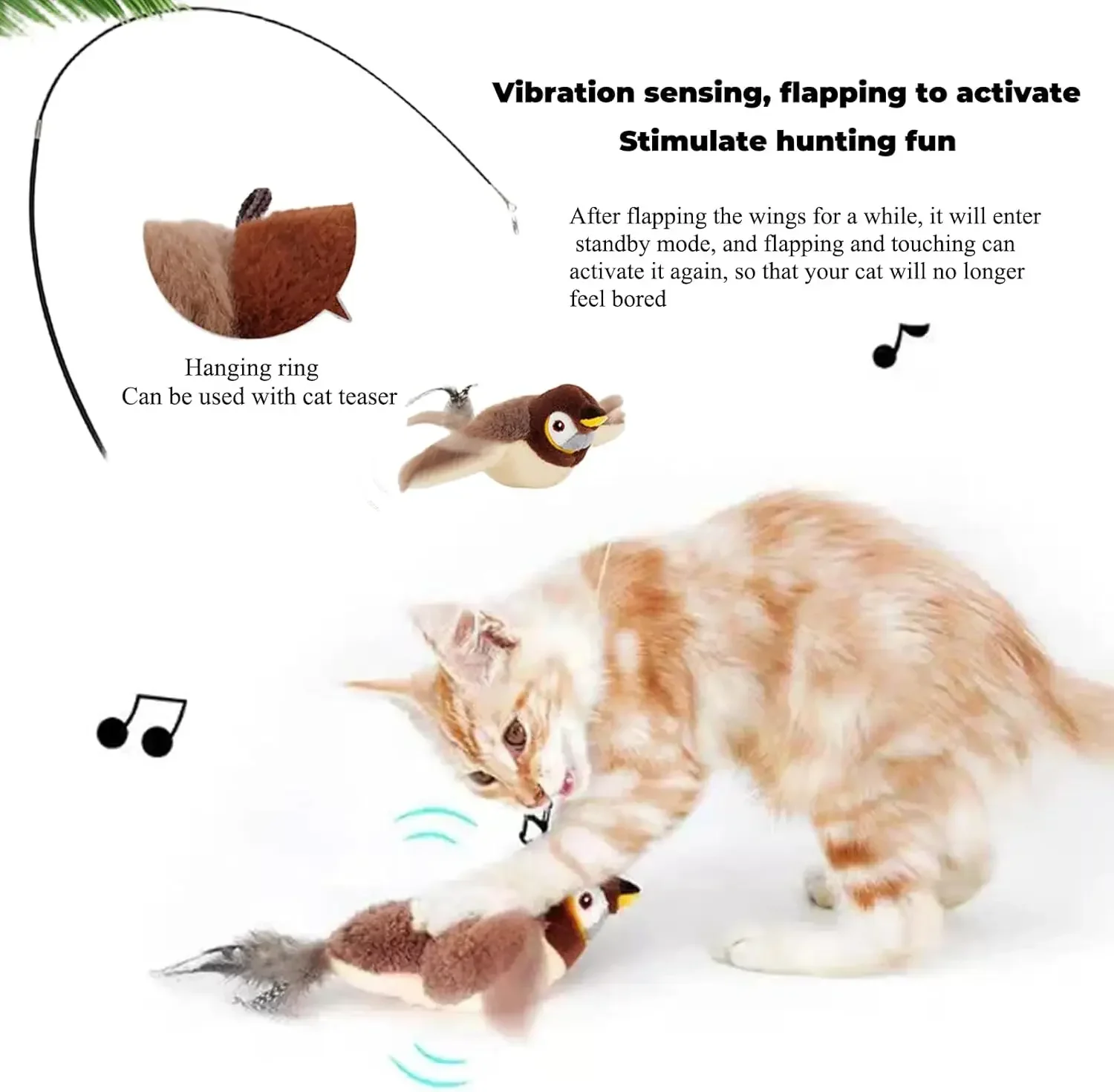 Interactieve Piepende Vogel Speelgoed | Kattenkruid | Oplaadbaar via USB | Fladderend Pluche | Aanraak Geactiveerd | Huisdierenplezier | Guangdong - Image 4