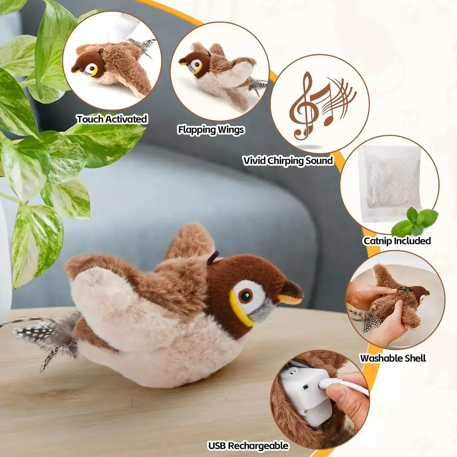 Interactieve Piepende Vogel Speelgoed | Kattenkruid | Oplaadbaar via USB | Fladderend Pluche | Aanraak Geactiveerd | Huisdierenplezier | Guangdong - Image 5