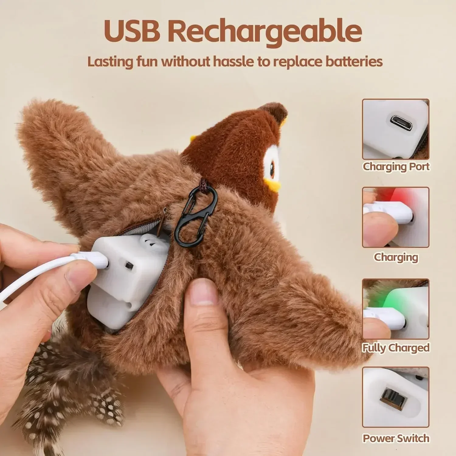 Interactieve Piepende Vogel Speelgoed | Kattenkruid | Oplaadbaar via USB | Fladderend Pluche | Aanraak Geactiveerd | Huisdierenplezier | Guangdong - Image 6