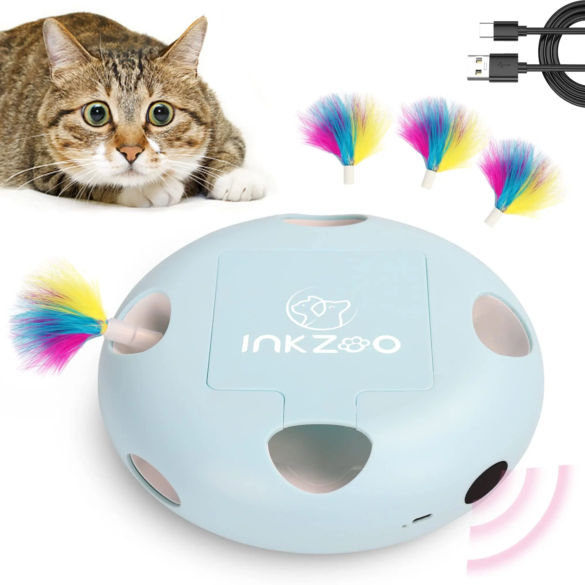 INKZOO Automatisch Katten Speelgoed | Interactieve Muis Veer Spel | Sensor Activering | 7 Openingen | Oplaadbare Batterij | Kattenvermaak | Onregelmatige Bewegingen | Duurzaam Plastic - Image 14