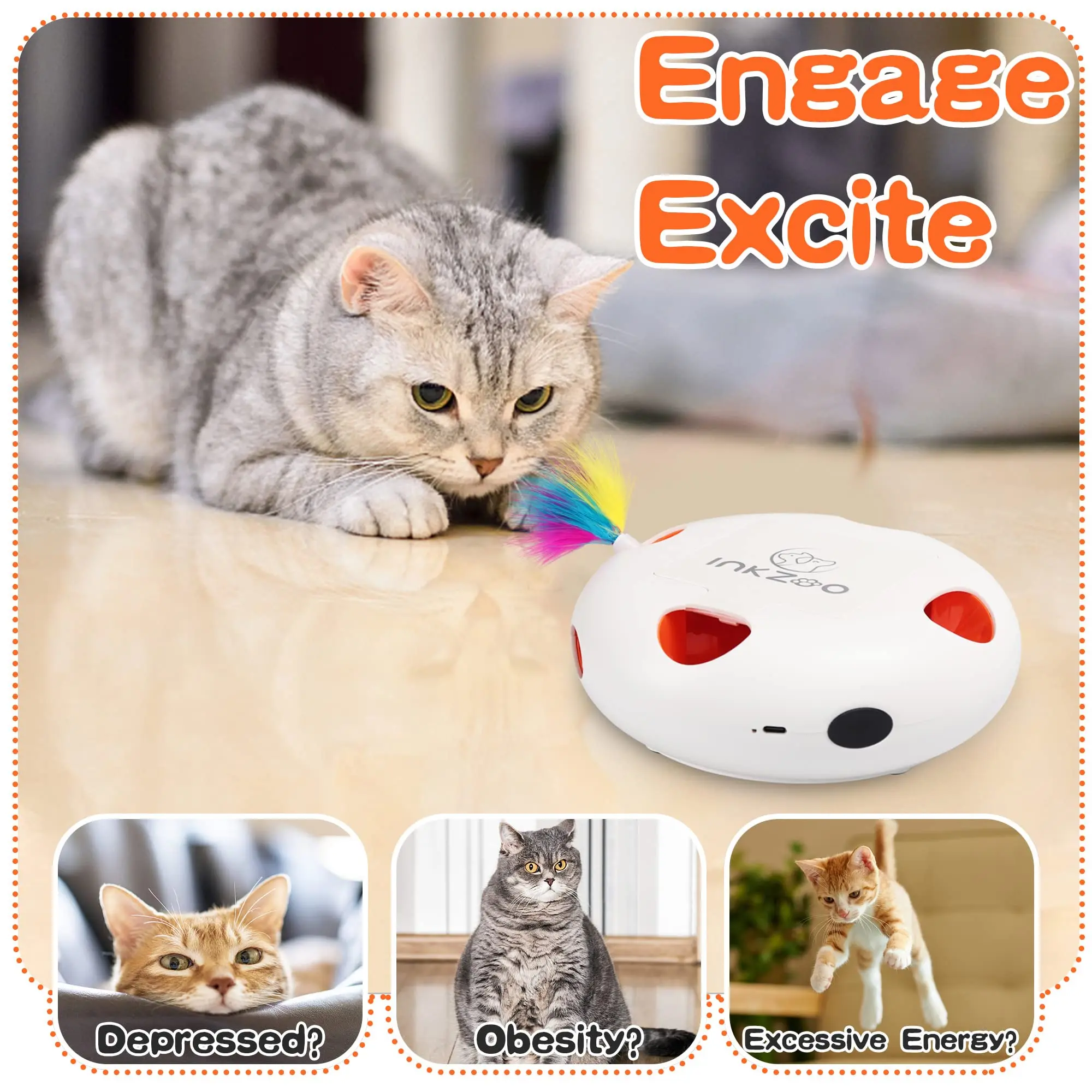 INKZOO Automatisch Katten Speelgoed | Interactieve Muis Veer Spel | Sensor Activering | 7 Openingen | Oplaadbare Batterij | Kattenvermaak | Onregelmatige Bewegingen | Duurzaam Plastic - Image 4