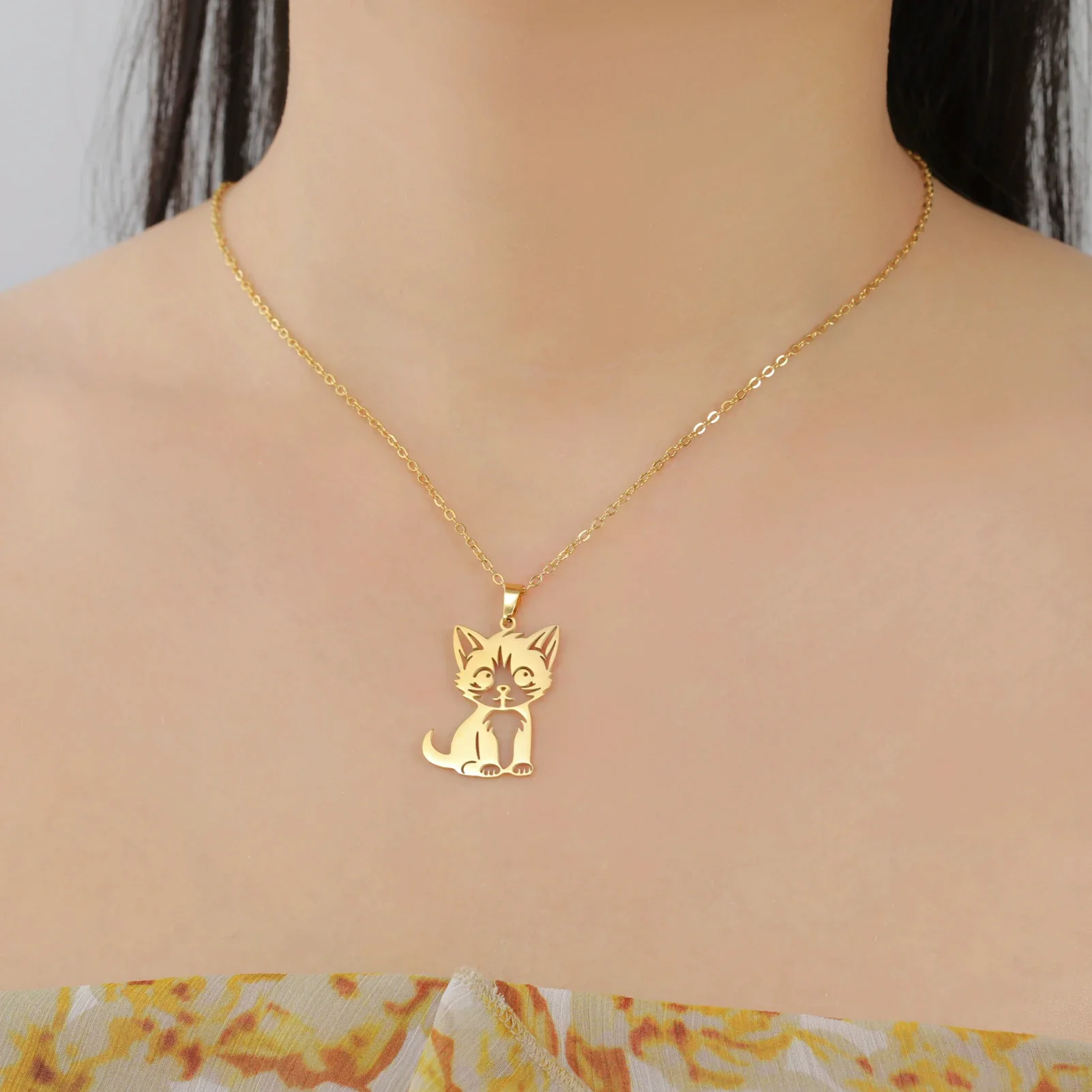 Kattenhanger ketting dames | Roestvrijstalen sieraden | Schattige katten dierenhanger | Trendy halsketting | Cadeau voor kattenliefhebbers | Goud & staal | Jeshayuan - Image 4