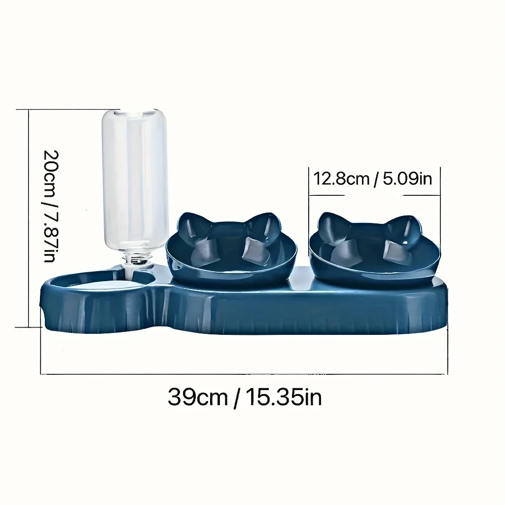 Kattenvoerbak en Waterbak 3-in-1 met Oorontwerp | Licht Hellende Kommen | Geïntegreerde Waterfles 500 ml | Kunststof | Eenvoudig te Reinigen - Image 3