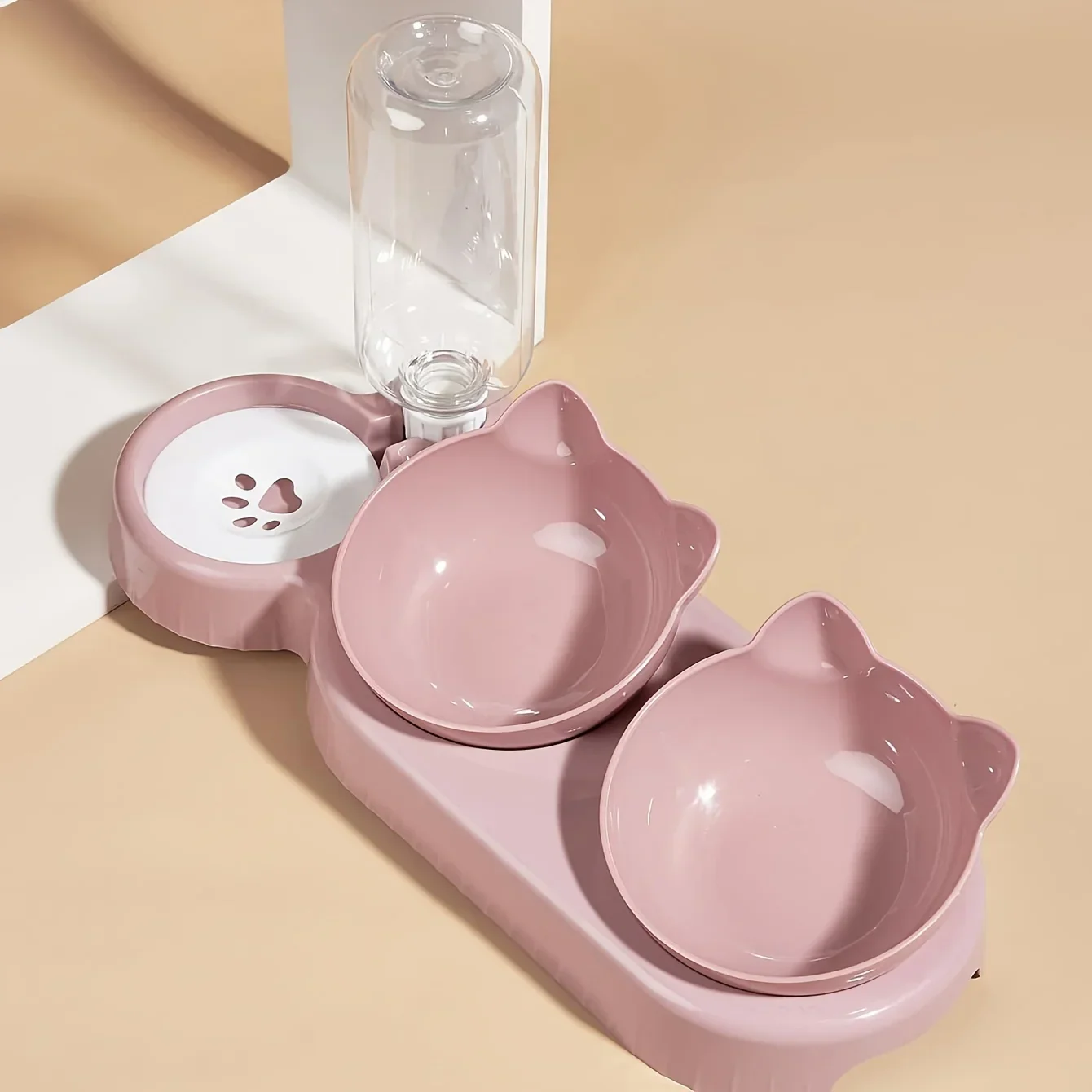Kattenvoerbak en Waterbak 3-in-1 met Oorontwerp | Licht Hellende Kommen | Geïntegreerde Waterfles 500 ml | Kunststof | Eenvoudig te Reinigen - Image 9