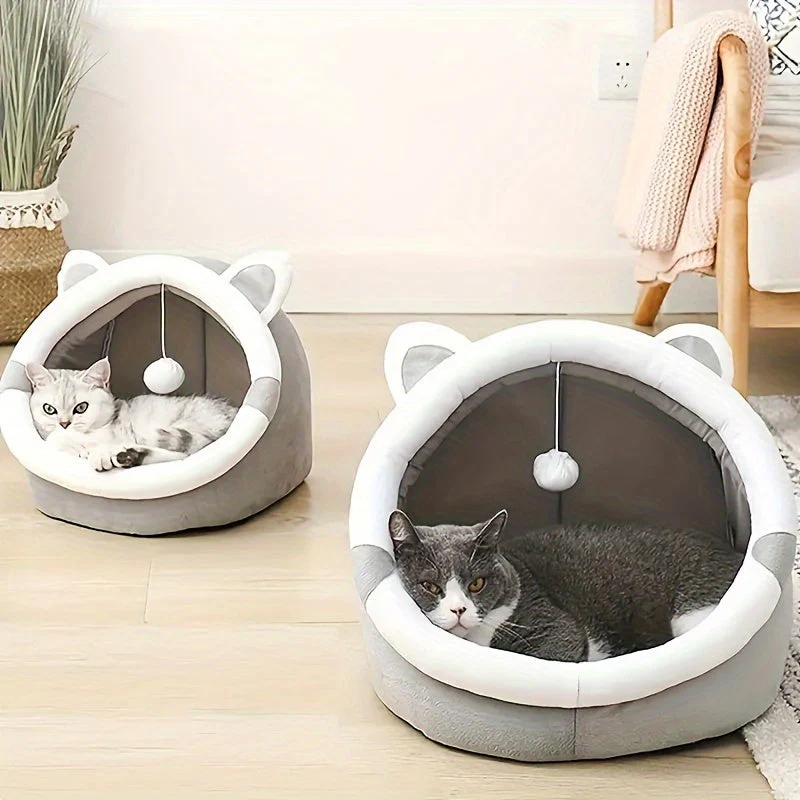 Kattenhuisje van zacht synthetisch materiaal | Met hangende speelbal | Verschillende maten | Comfortabel bed voor katten tot 7 kg | Modern ontwerp - Image 3