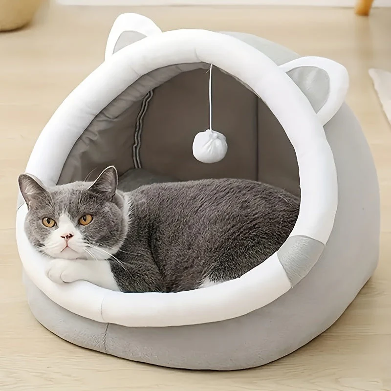 Kattenhuisje van zacht synthetisch materiaal | Met hangende speelbal | Verschillende maten | Comfortabel bed voor katten tot 7 kg | Modern ontwerp - Image 5
