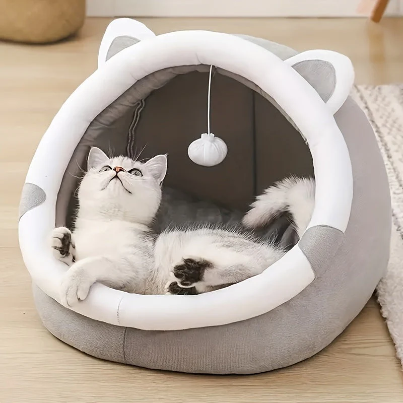 Kattenhuisje van zacht synthetisch materiaal | Met hangende speelbal | Verschillende maten | Comfortabel bed voor katten tot 7 kg | Modern ontwerp - Image 7