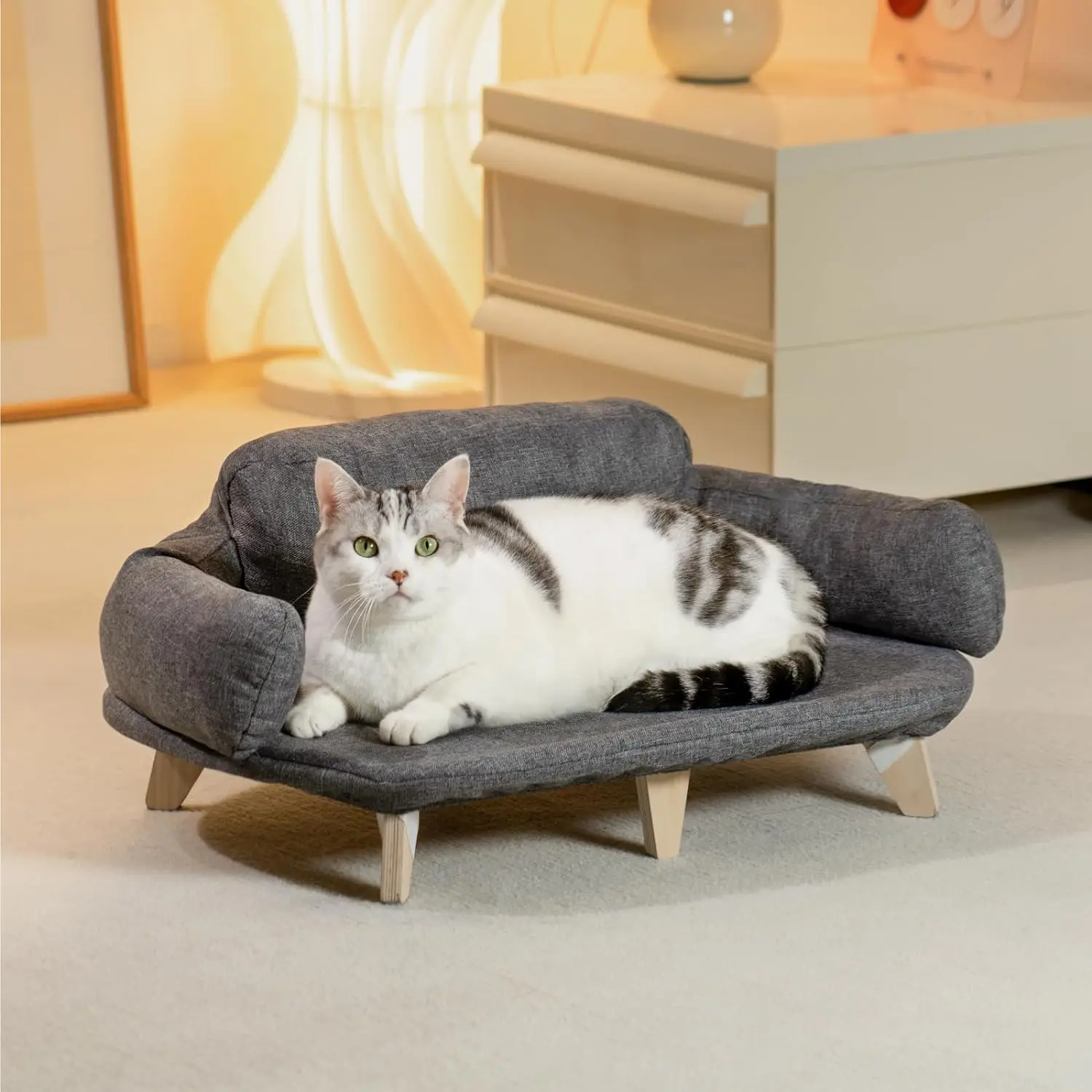 MEWOOFUN Huisdierenbank | Verhoogd Houten Huisdiermeubel | Afneembare Wasbare Hoes | Katten & Honden - Image 3