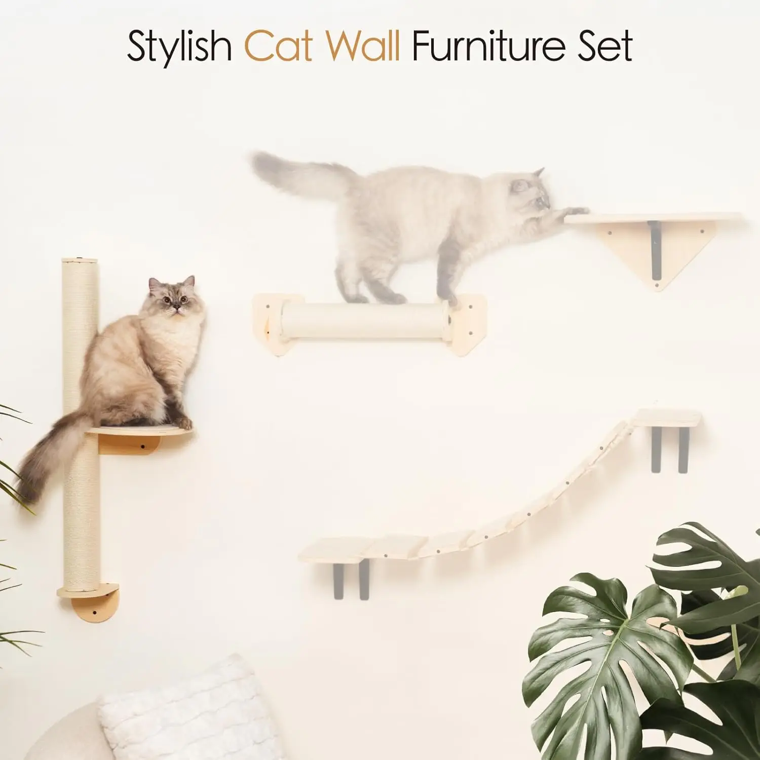 MEWOOFUN Krabmeubel Kattenwand | Natuurlijk Hout | Wandgemonteerd | Ruimtebesparend | Stijlvol Interieur | Katten Krabwand | Moderne Kattenmeubels | Duurzaam Sisal | Kattenklimrek | Eenvoudig te Monteren - Image 4