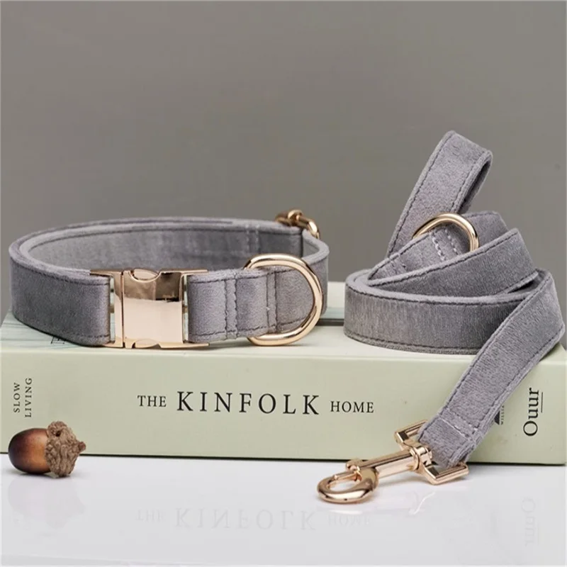 Fluwelen Hondenhalsband Ritssluitset | Gepersonaliseerd | Meerdere Kleuren | Bruin Grijs Wit | Metalen Gesp | Hondenriem | Bruiloft Geschikt - Image 12