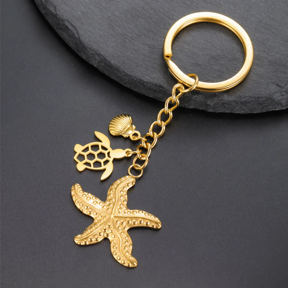 Sleutelhanger oceaan thema | Schildpad, zeester & schelp hanger | RVS | Trendy sleutelhanger voor tas, rugzak of sleutelbos | Zomercadeau strandliefhebber - Image 2