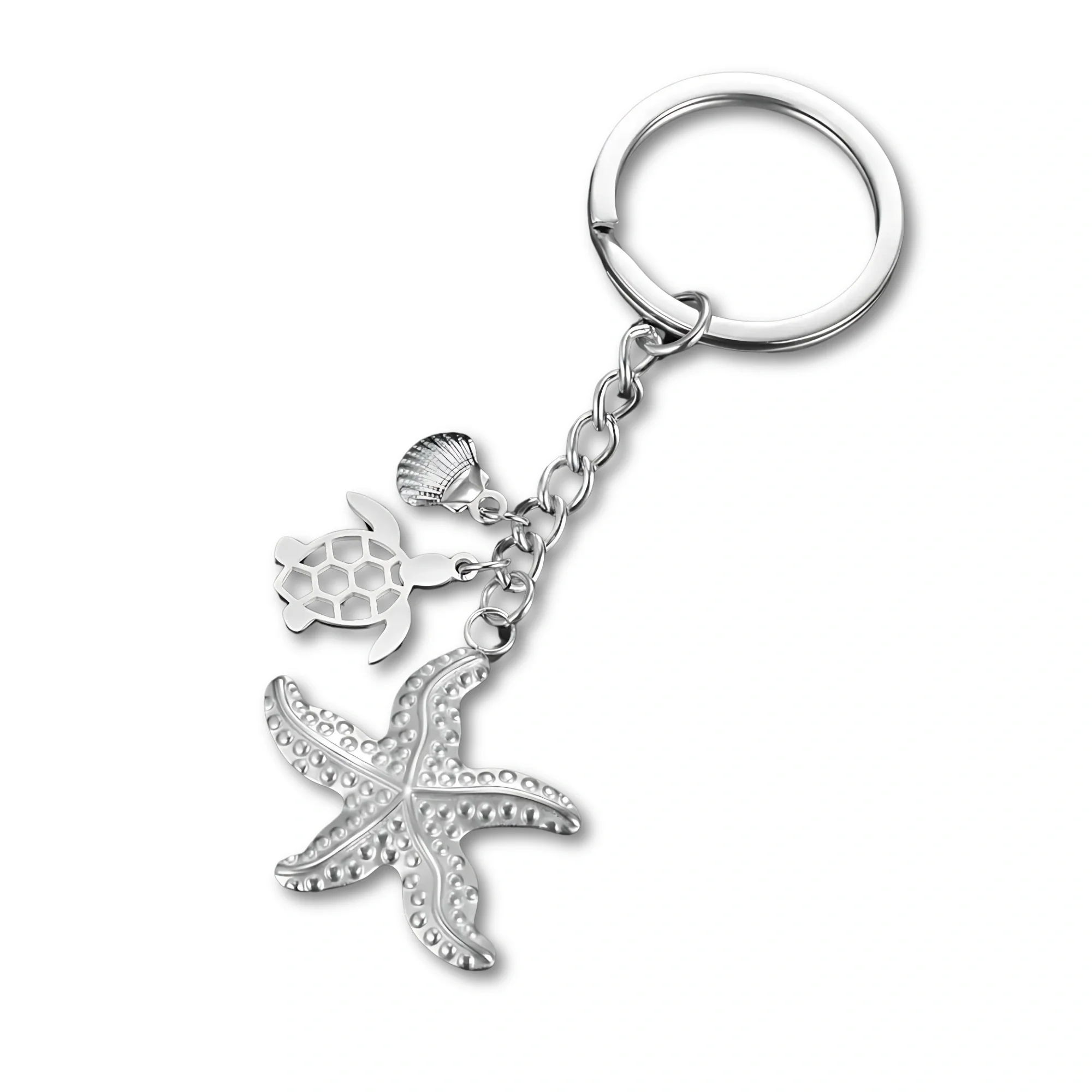 Sleutelhanger oceaan thema| RVS sleutelring met schildpad, zeester en schelp| Zomer accessoire voor rugzak| Cadeau voor strandliefhebbers| Unisex| My Shape
